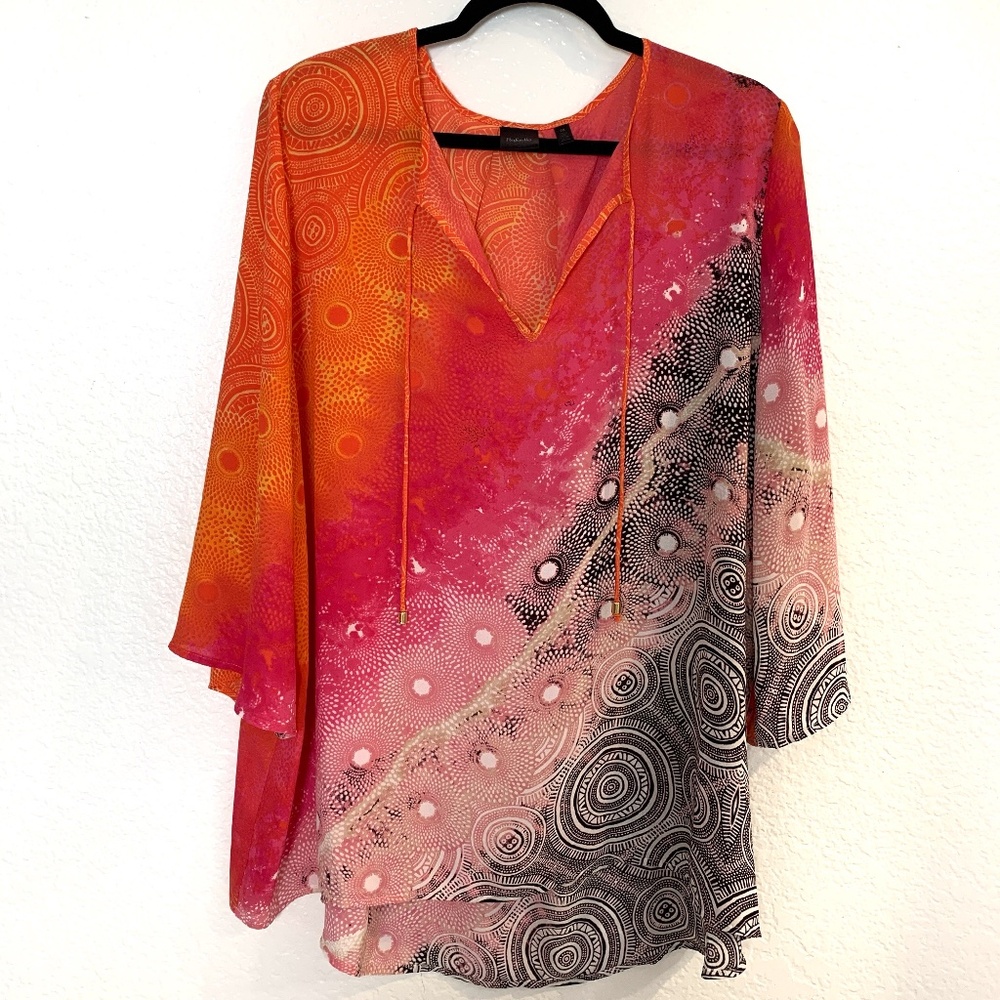 Rafaella Chiffon Hi Lo Blouse 2X Semi Sheer Geometric Print Multicolor